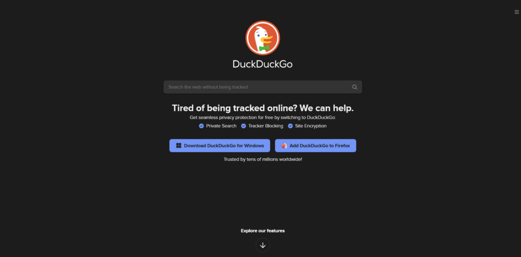 Zrzut ekranu ze strony głównej wyszukiwarki DuckDuckGo
