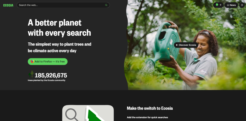 Zrzut ekranu ze strony głównej wyszukiwarki Ecosia