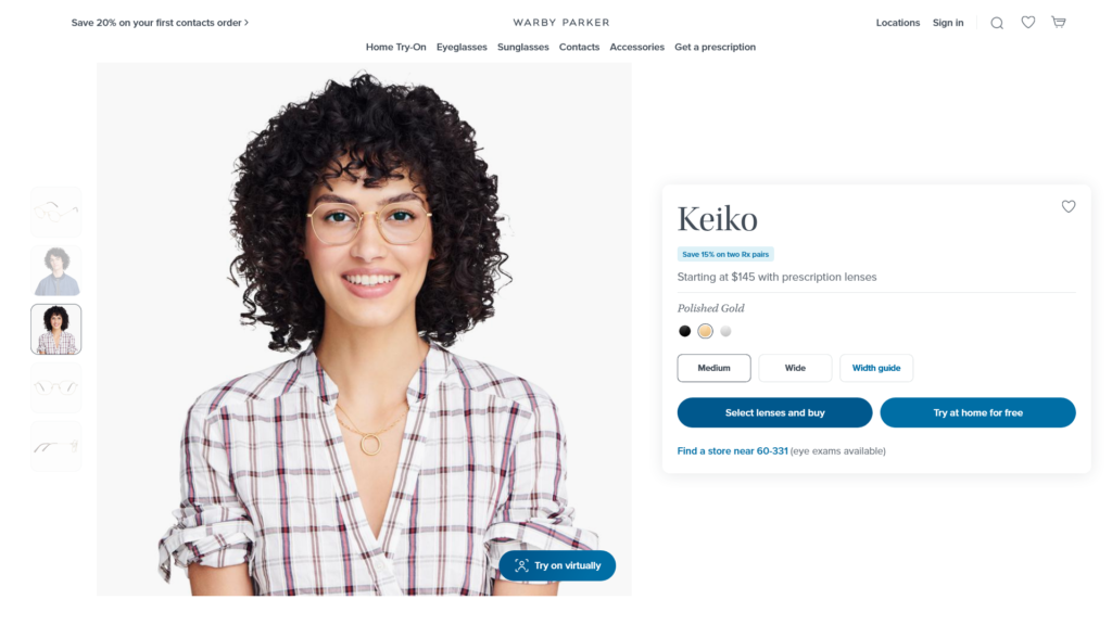Warby Parker product page with a photo of a woman wearing designer glasses