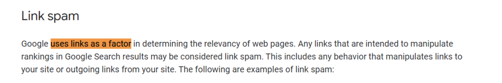 Screenshot of Spam policies for Google web search from Google Search Central with [Google] 'uses links as a factor' highlighted