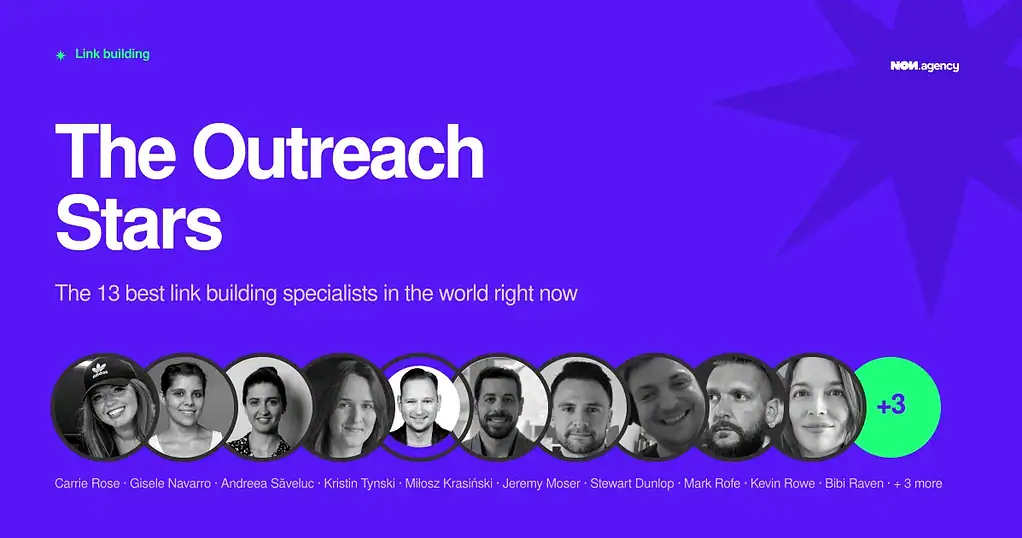 The Outreach Stars – top link-building specialists featured in a purple promotional graphic