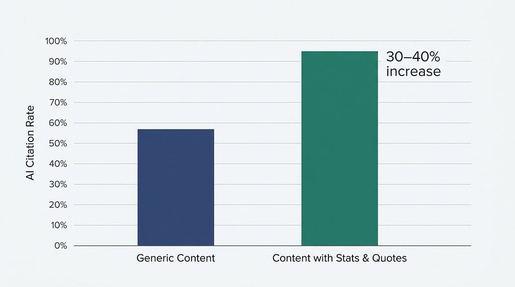 Bar chart comparing AI citation rates for generic content and content containing statistics and quotes