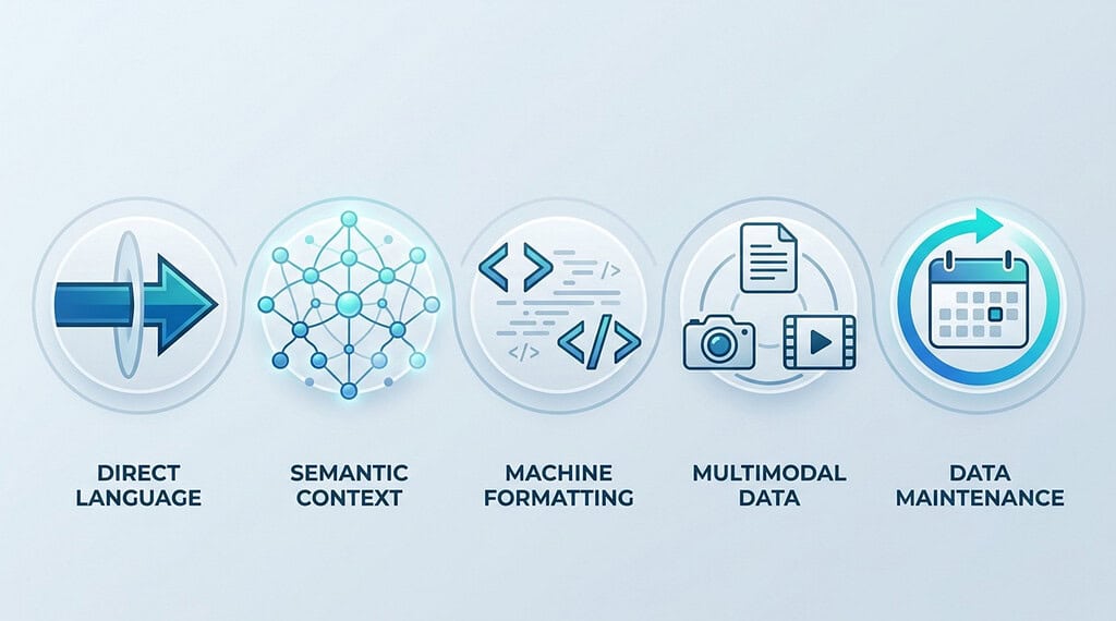 Diagram showing direct language, semantic context, machine formatting, multimodal data, and data maintenance