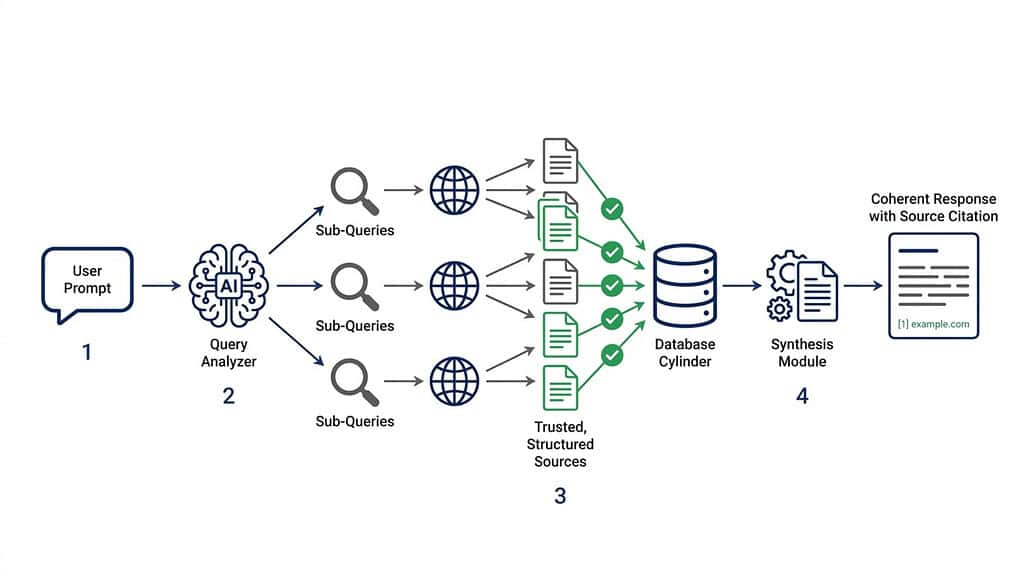 Diagram showing an AI system dividing a user prompt into sub-queries, retrieving trusted sources, and generating a cited response