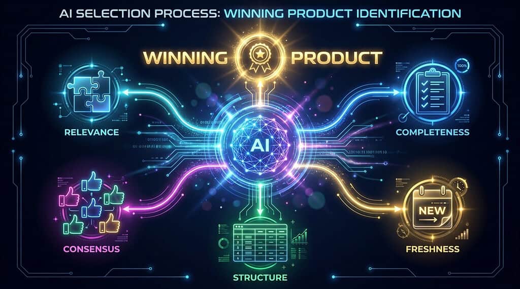Diagram showing AI evaluating product relevance, completeness, consensus, structure, and freshness to identify a winning product