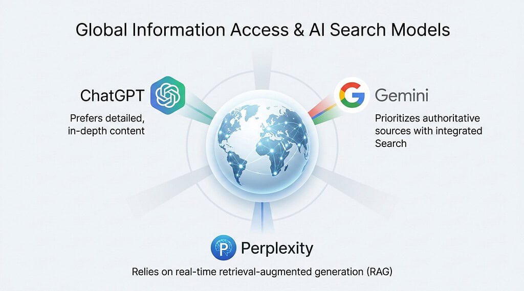 Diagram comparing the information access approaches of ChatGPT, Gemini, and Perplexity