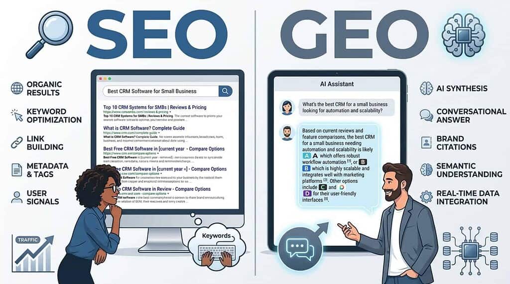 Comparison of SEO and GEO showing traditional search optimization factors alongside AI-focused elements such as synthesis, conversational answers, brand citations, semantic understanding, and real-time data integration.