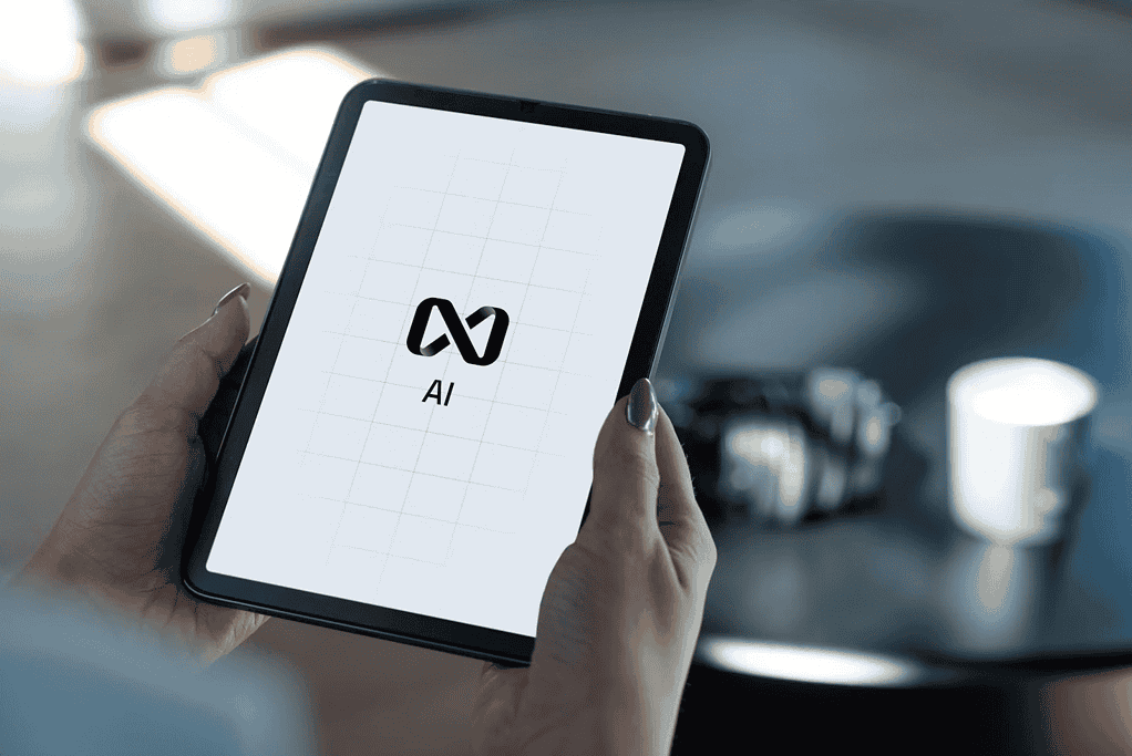 Osoba trzyma tablet z symbolem AI wyświetlonym na ekranie.