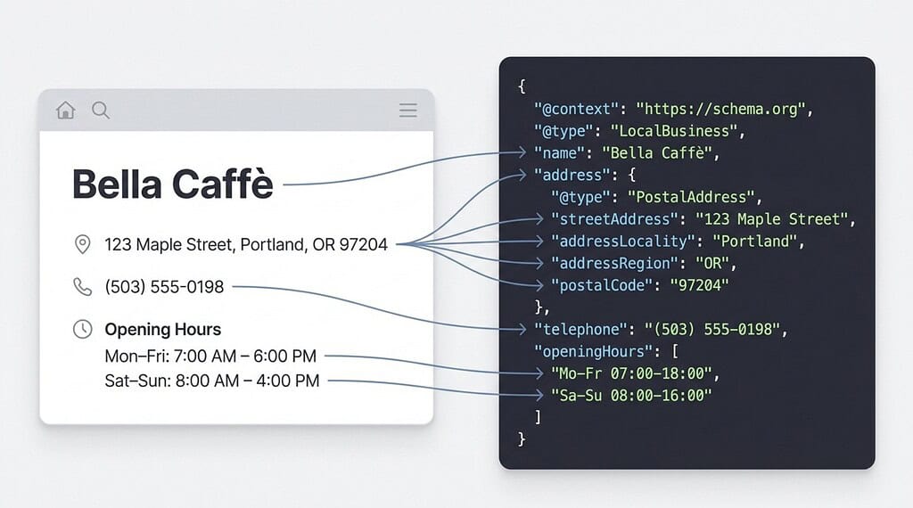 Diagram mapping a local business webpage’s name, address, phone number, and opening hours to LocalBusiness schema markup.