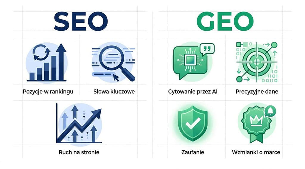 Porównanie SEO i GEO z kluczowymi wskaźnikami: pozycjami w rankingu, słowami kluczowymi, ruchem na stronie, cytowaniami przez AI, precyzyjnymi danymi, zaufaniem i wzmiankami o marce.