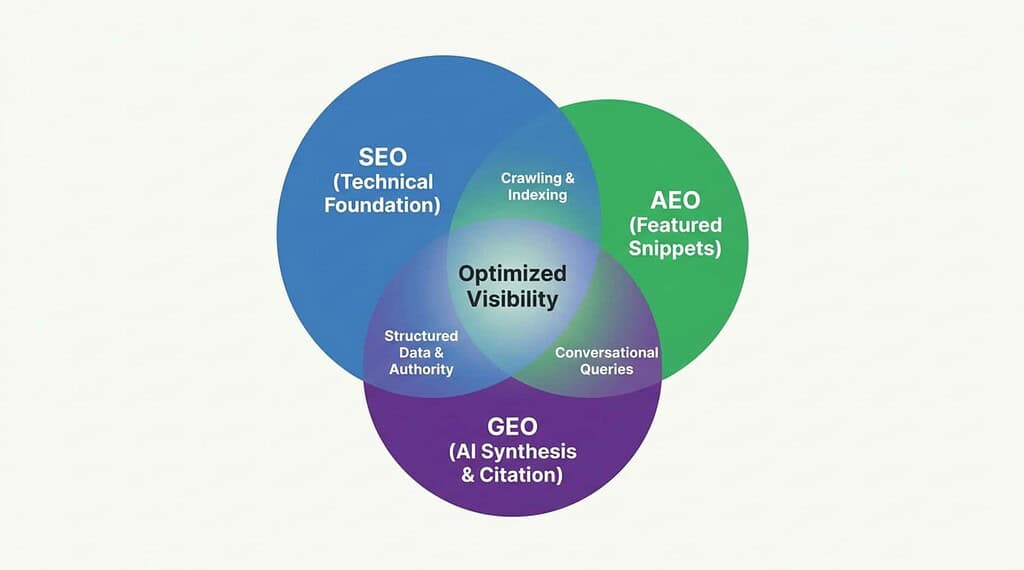 Venn diagram showing the overlap between SEO, AEO, and GEO, with optimized visibility at the center and shared elements including crawling, structured data, conversational queries, and AI citations.