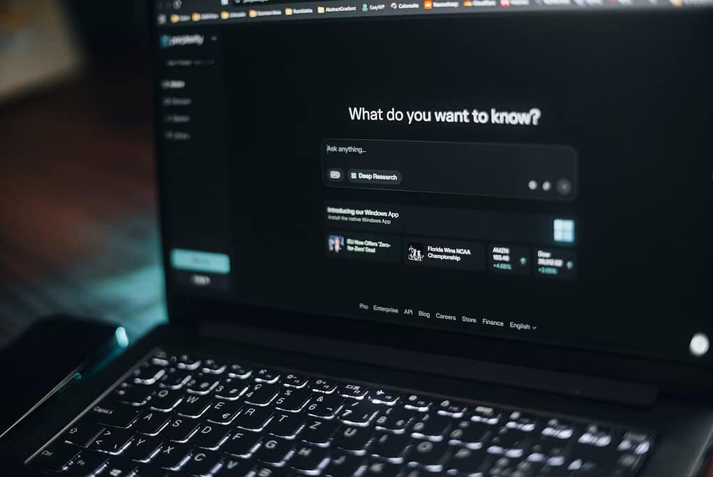 Perplexity AI search interface displayed on a laptop screen