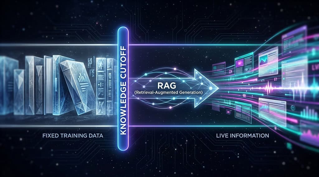 Diagram showing RAG connecting fixed AI training data with live information beyond the knowledge cutoff