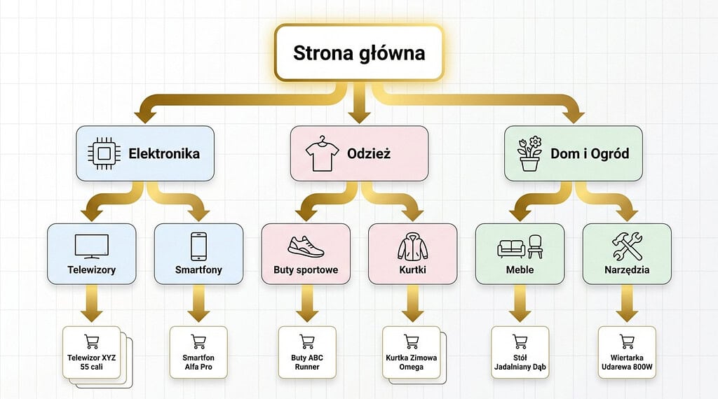 Schemat hierarchii strony głównej, kategorii, podkategorii i produktów w sklepie internetowym