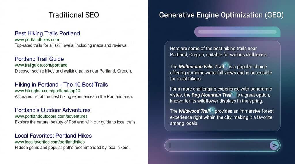 Side-by-side comparison of traditional SEO search results and a GEO-optimized AI-generated answer