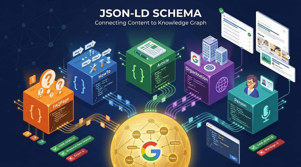 Illustration of JSON-LD schema types including FAQPage, HowTo, Article, Organization, and Person connected to a Google knowledge graph.