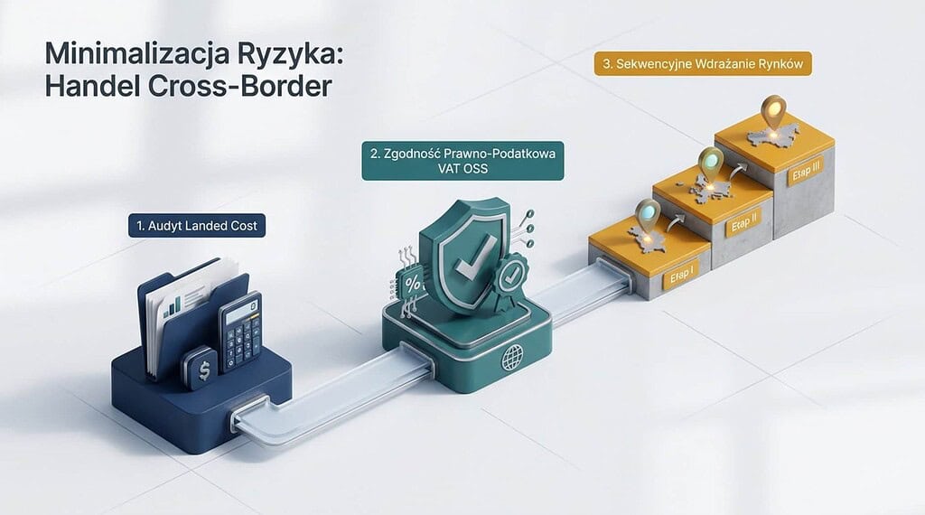 Schemat minimalizacji ryzyka w handlu cross-border obejmujący audyt kosztów, zgodność podatkową i etapowe wdrażanie rynków.