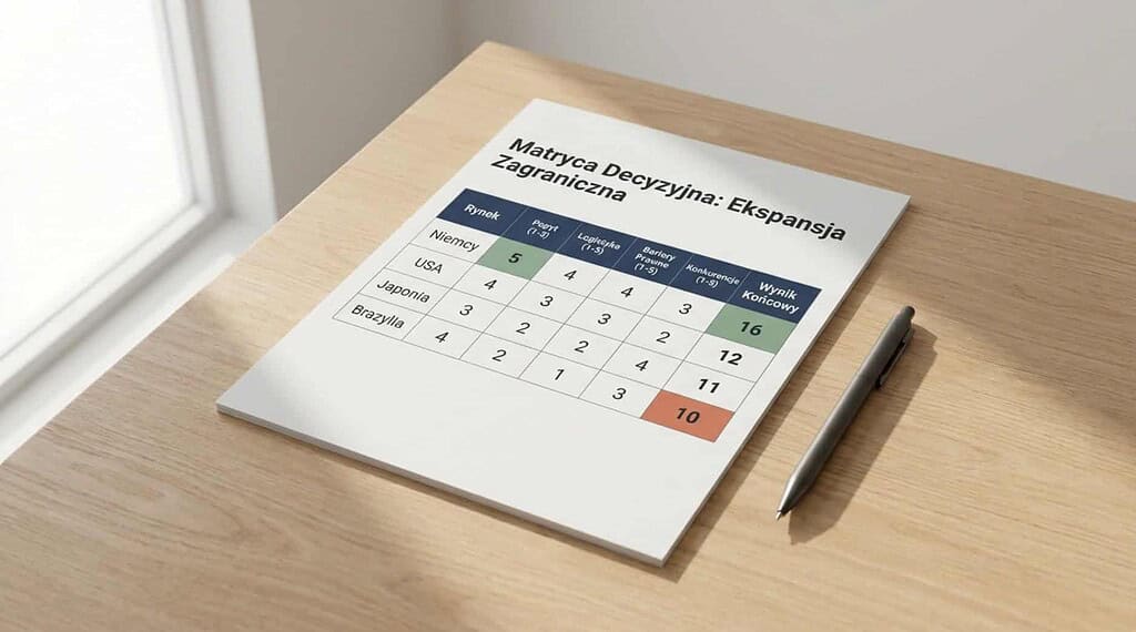 Matryca decyzyjna porównująca rynki zagraniczne pod kątem ekspansji międzynarodowej.